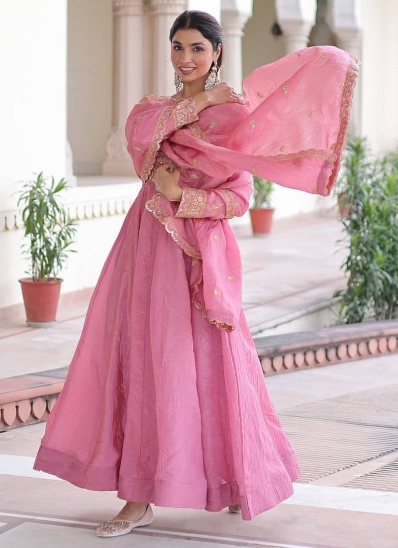 pretty pink sequins crushed engagement wear gown with dupatta stitched