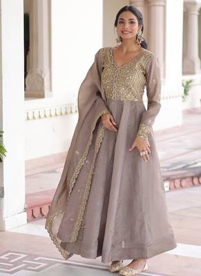 pretty brown  sequins crushed engagement wear gown with dupatta stitched 2
