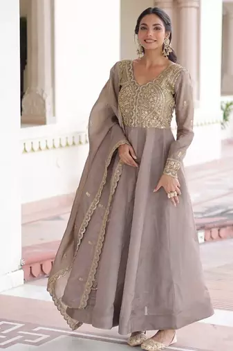 pretty brown  sequins crushed engagement wear gown with dupatta stitched