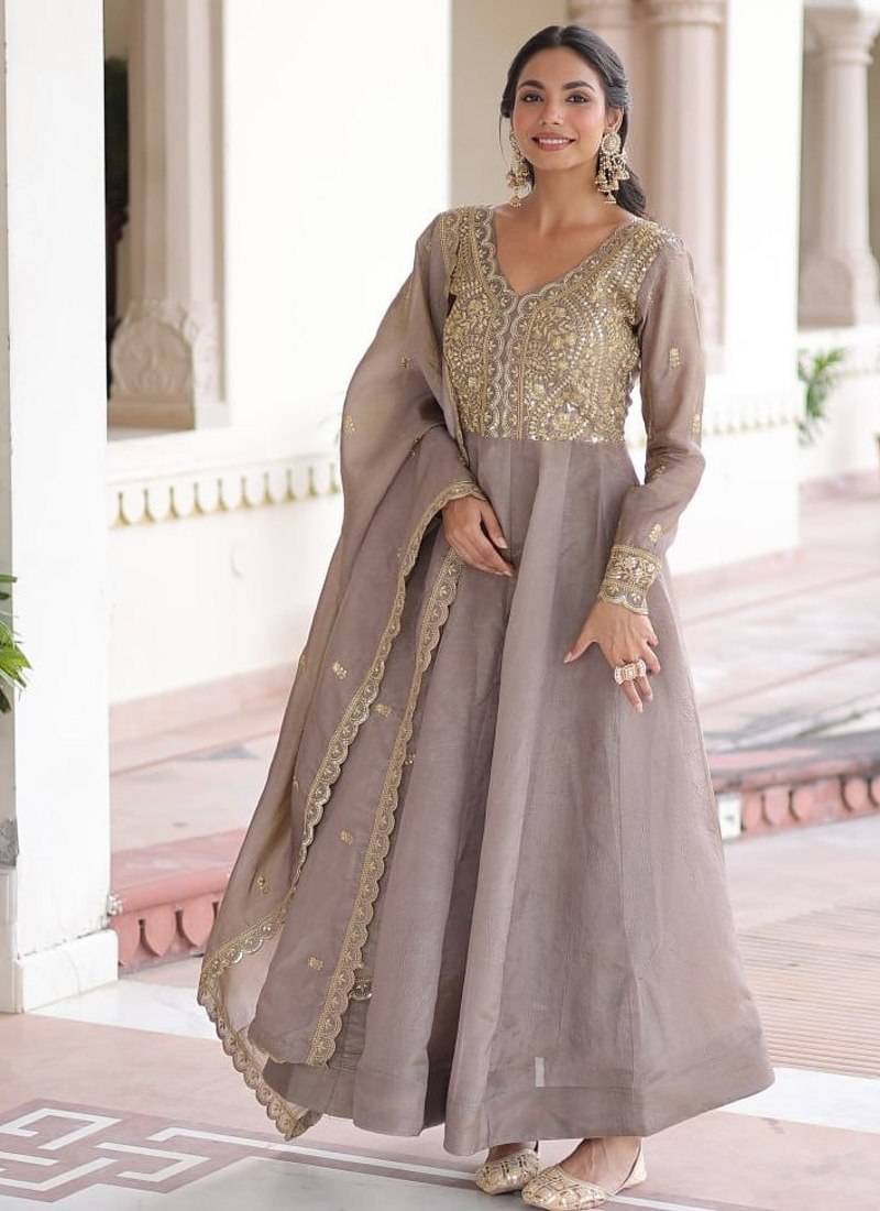 pretty brown  sequins crushed engagement wear gown with dupatta stitched