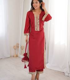 maroon natural crepe designer suit set with mirror lace accents