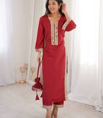 maroon natural crepe designer suit set with mirror lace accents