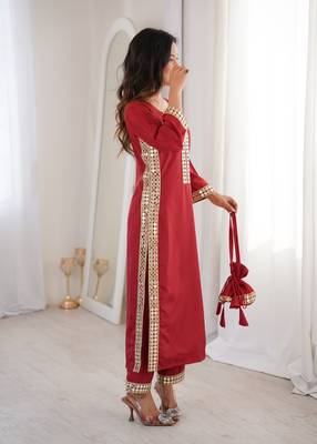 maroon natural crepe designer suit set with mirror lace accents 2