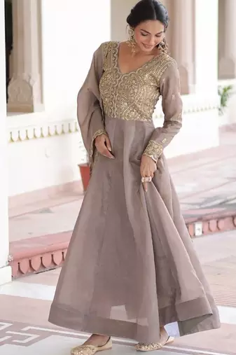 pretty brown  sequins crushed engagement wear gown with dupatta stitched