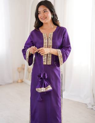 maroon natural crepe designer suit set with mirror lace accents 3