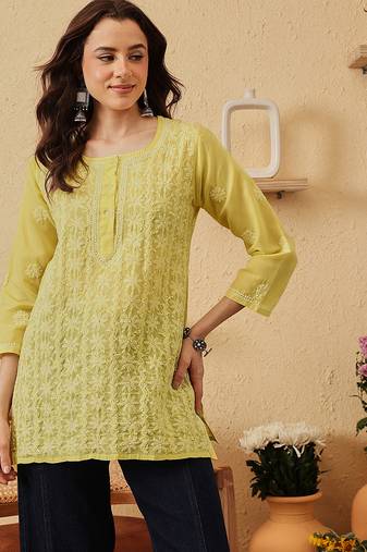 hand embroidered lime green cotton lucknowi chikankari short kurti