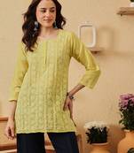 hand embroidered lime green cotton lucknowi chikankari short kurti
