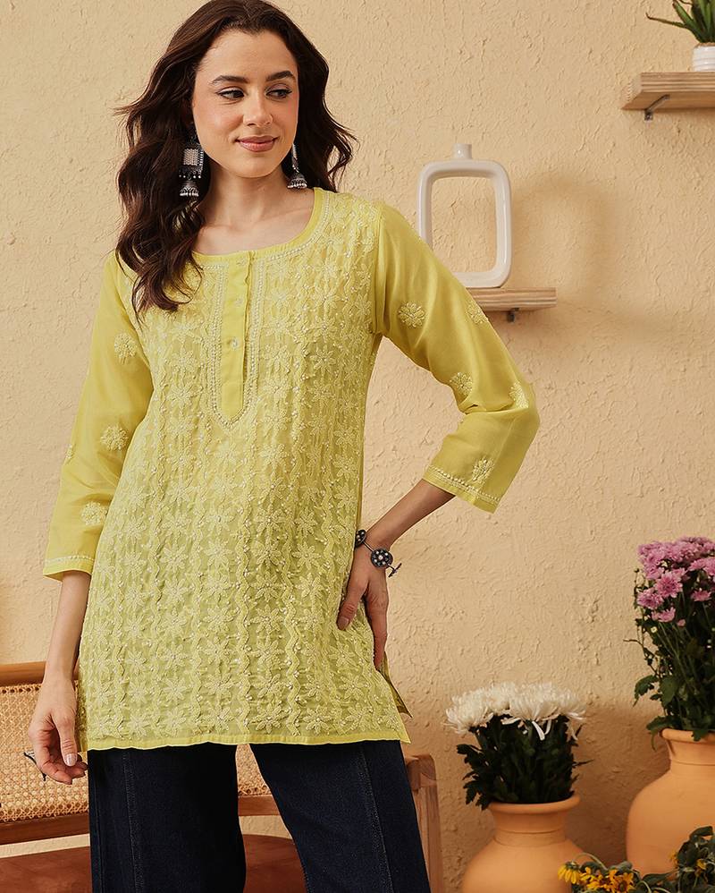 hand embroidered lime green cotton lucknowi chikankari short kurti