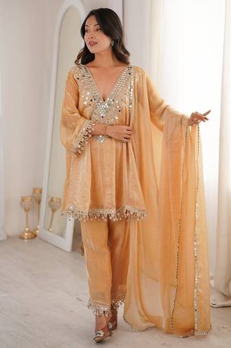 beige party wear kurti set with real mirror work | fendy fabric suit set for women's