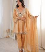 beige party wear kurti set with real mirror work | fendy fabric suit set for women's