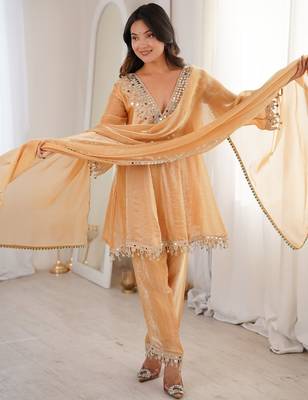 beige party wear kurti set with real mirror work | fendy fabric suit set for women's 2