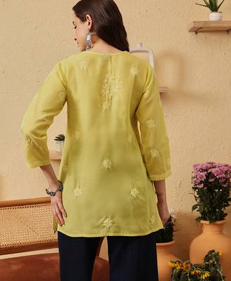 hand embroidered lime green cotton lucknowi chikankari short kurti 2