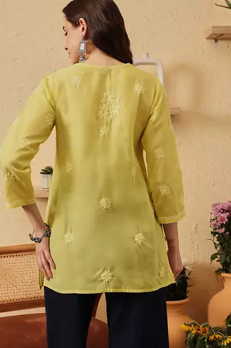 hand embroidered lime green cotton lucknowi chikankari short kurti
