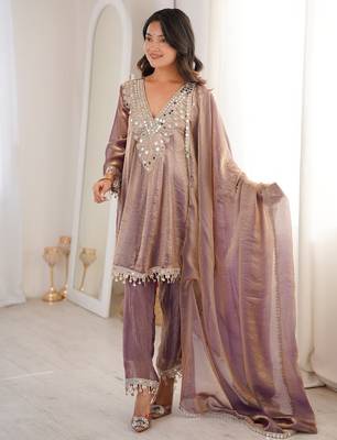 purple party wear kurti set with real mirror work | fendy fabric suit set for women's 4