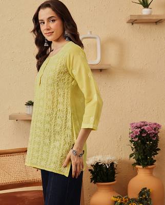 hand embroidered lime green cotton lucknowi chikankari short kurti 3