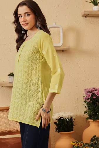 hand embroidered lime green cotton lucknowi chikankari short kurti