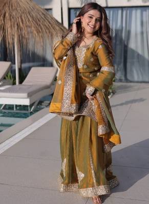  mustard yellow  zari sequins work fendi chiffon kurti sharara with dupatta 4