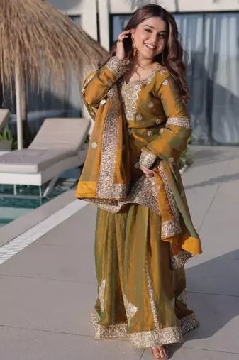  mustard yellow  zari sequins work fendi chiffon kurti sharara with dupatta