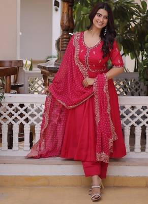 rani pink mal chanderi anarkali suit with beads & thread embroidery 1