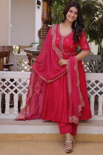 rani pink mal chanderi anarkali suit with beads & thread embroidery