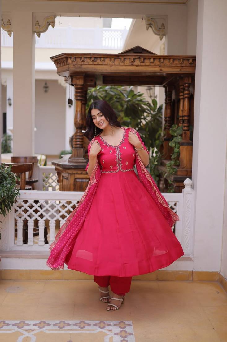 rani pink mal chanderi anarkali suit with beads & thread embroidery