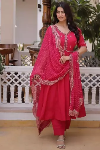 rani pink mal chanderi anarkali suit with beads & thread embroidery