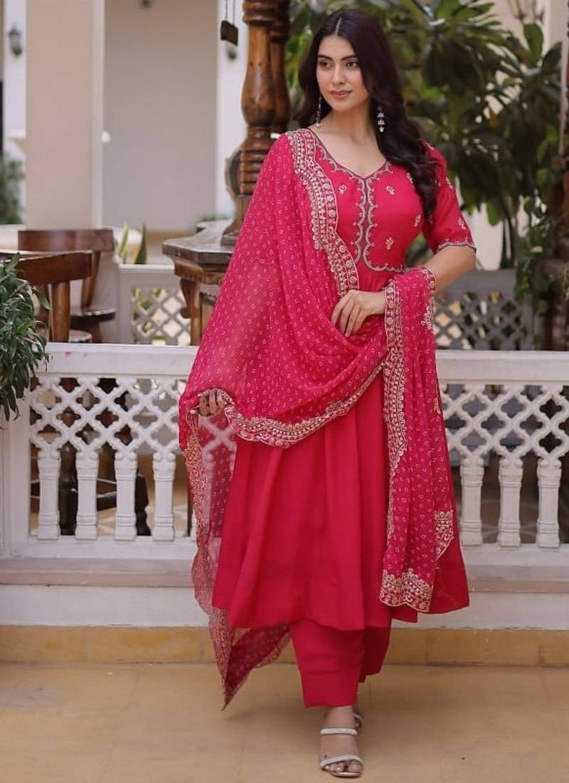rani pink mal chanderi anarkali suit with beads & thread embroidery