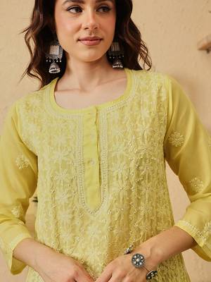 hand embroidered lime green cotton lucknowi chikankari short kurti 4