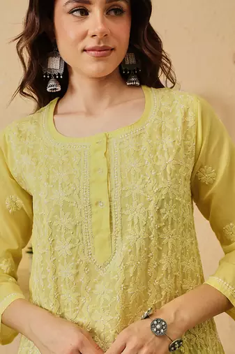 hand embroidered lime green cotton lucknowi chikankari short kurti