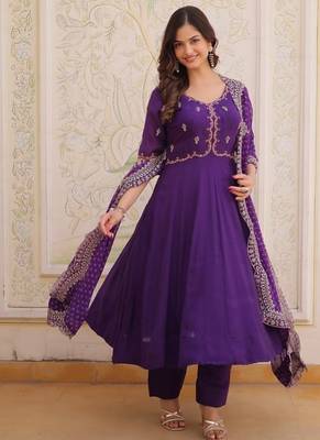 purple  mal chanderi anarkali suit with beads & thread embroidery 1