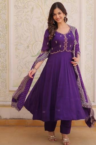purple  mal chanderi anarkali suit with beads & thread embroidery