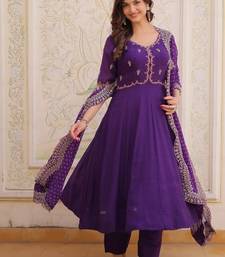 purple  mal chanderi anarkali suit with beads & thread embroidery