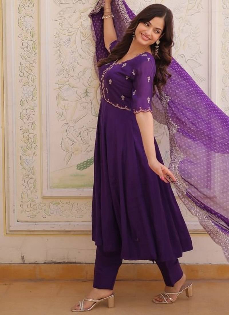 purple  mal chanderi anarkali suit with beads & thread embroidery