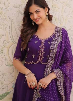 purple  mal chanderi anarkali suit with beads & thread embroidery 3