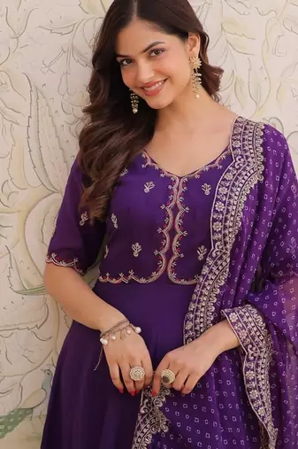 purple  mal chanderi anarkali suit with beads & thread embroidery
