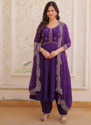 purple  mal chanderi anarkali suit with beads & thread embroidery 4