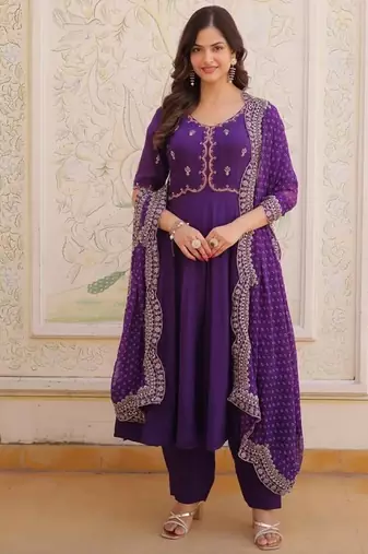 purple  mal chanderi anarkali suit with beads & thread embroidery