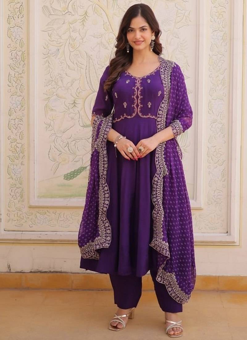 purple  mal chanderi anarkali suit with beads & thread embroidery