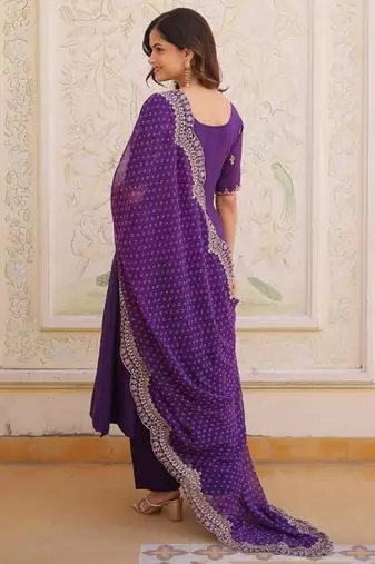 purple  mal chanderi anarkali suit with beads & thread embroidery