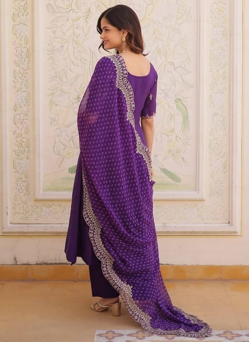 purple  mal chanderi anarkali suit with beads & thread embroidery