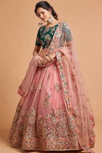 Peach And Green Stitched Lehenga Choli With Mirror And Embroidered Designs