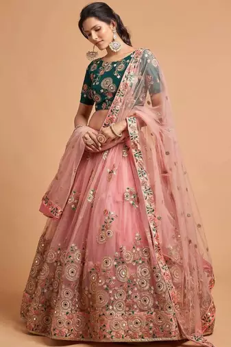 Peach And Green Stitched Lehenga Choli With Mirror And Embroidered Designs