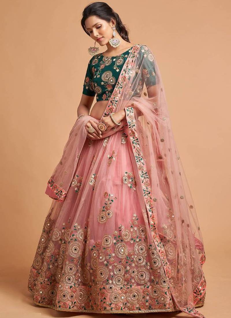 Peach And Green Stitched Lehenga Choli With Mirror And Embroidered Designs