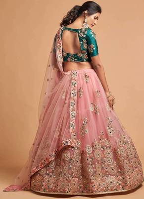 Peach And Green Stitched Lehenga Choli With Mirror And Embroidered Designs 2