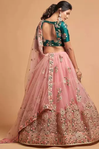 Peach And Green Stitched Lehenga Choli With Mirror And Embroidered Designs