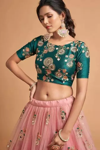 Peach And Green Stitched Lehenga Choli With Mirror And Embroidered Designs