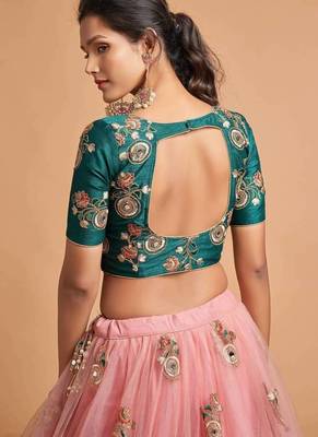 Peach And Green Stitched Lehenga Choli With Mirror And Embroidered Designs 4