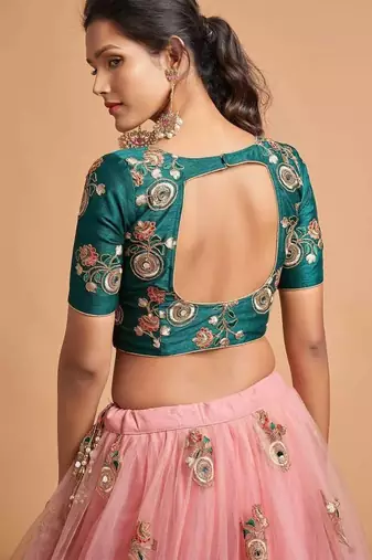 Peach And Green Stitched Lehenga Choli With Mirror And Embroidered Designs