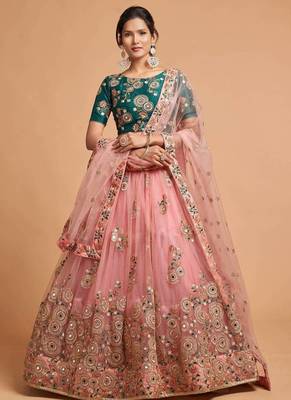 Peach And Green Stitched Lehenga Choli With Mirror And Embroidered Designs 5