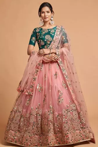 Peach And Green Stitched Lehenga Choli With Mirror And Embroidered Designs